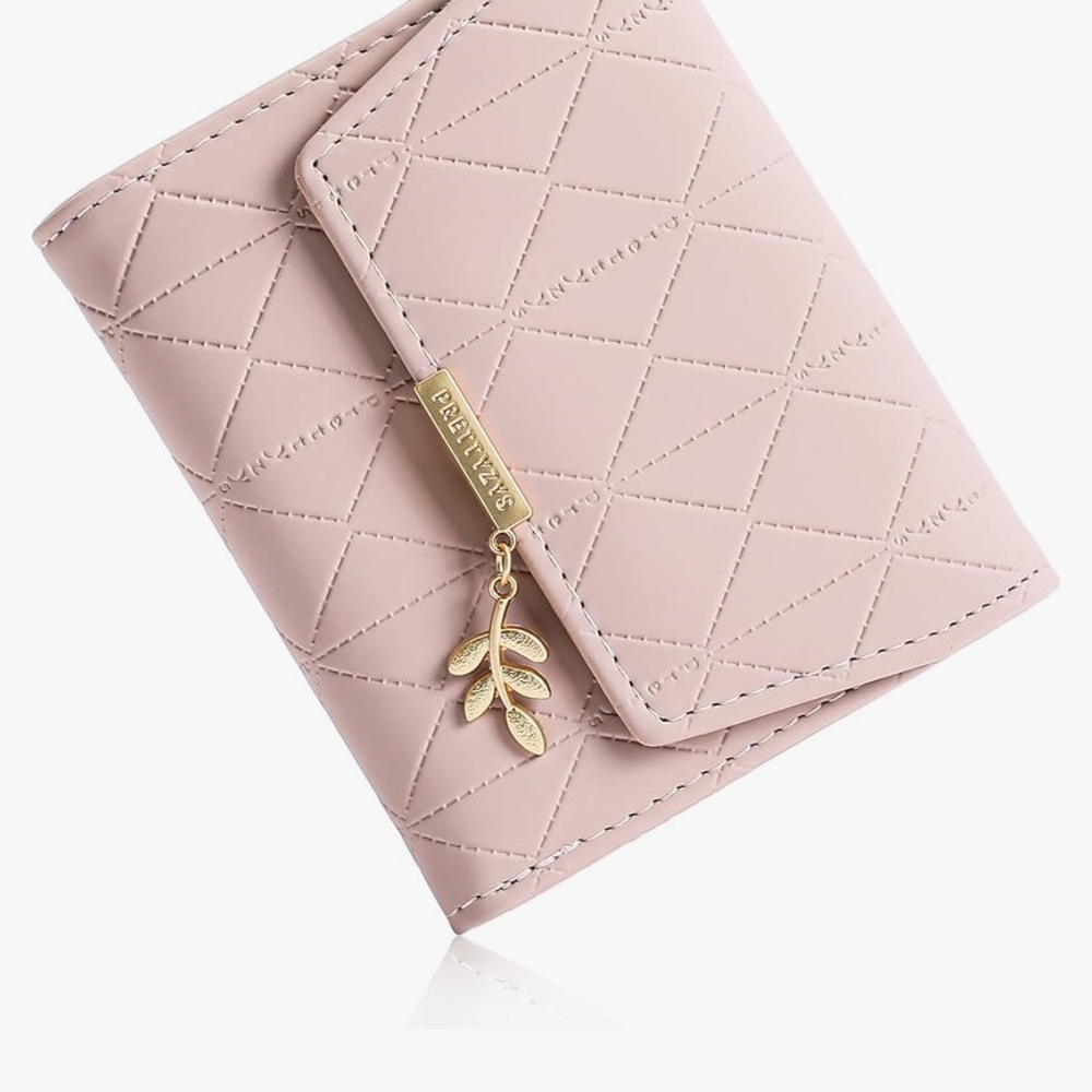 Pink and Gold Quilted Wallet with Leaf Charm